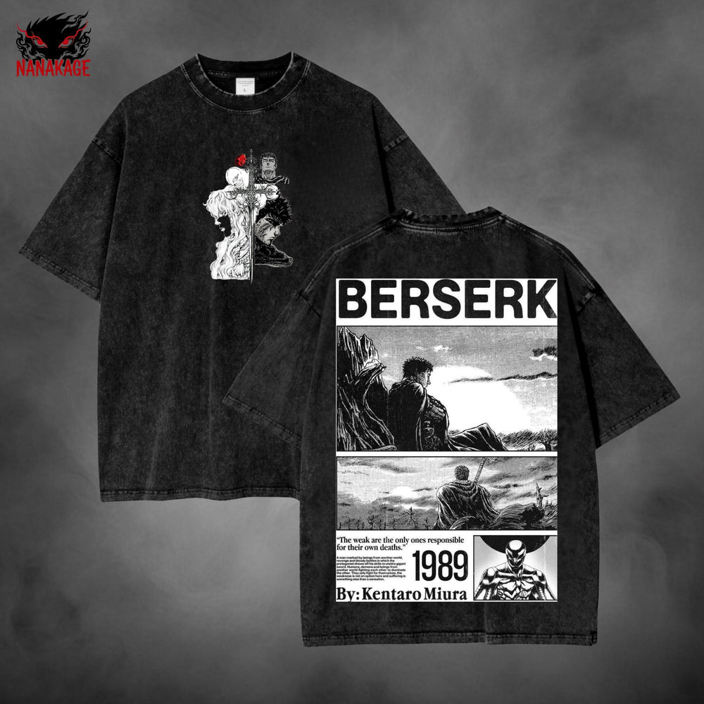 Black acid-wash oversized t-shirt with Griffith dark fantasy manga graphic print.