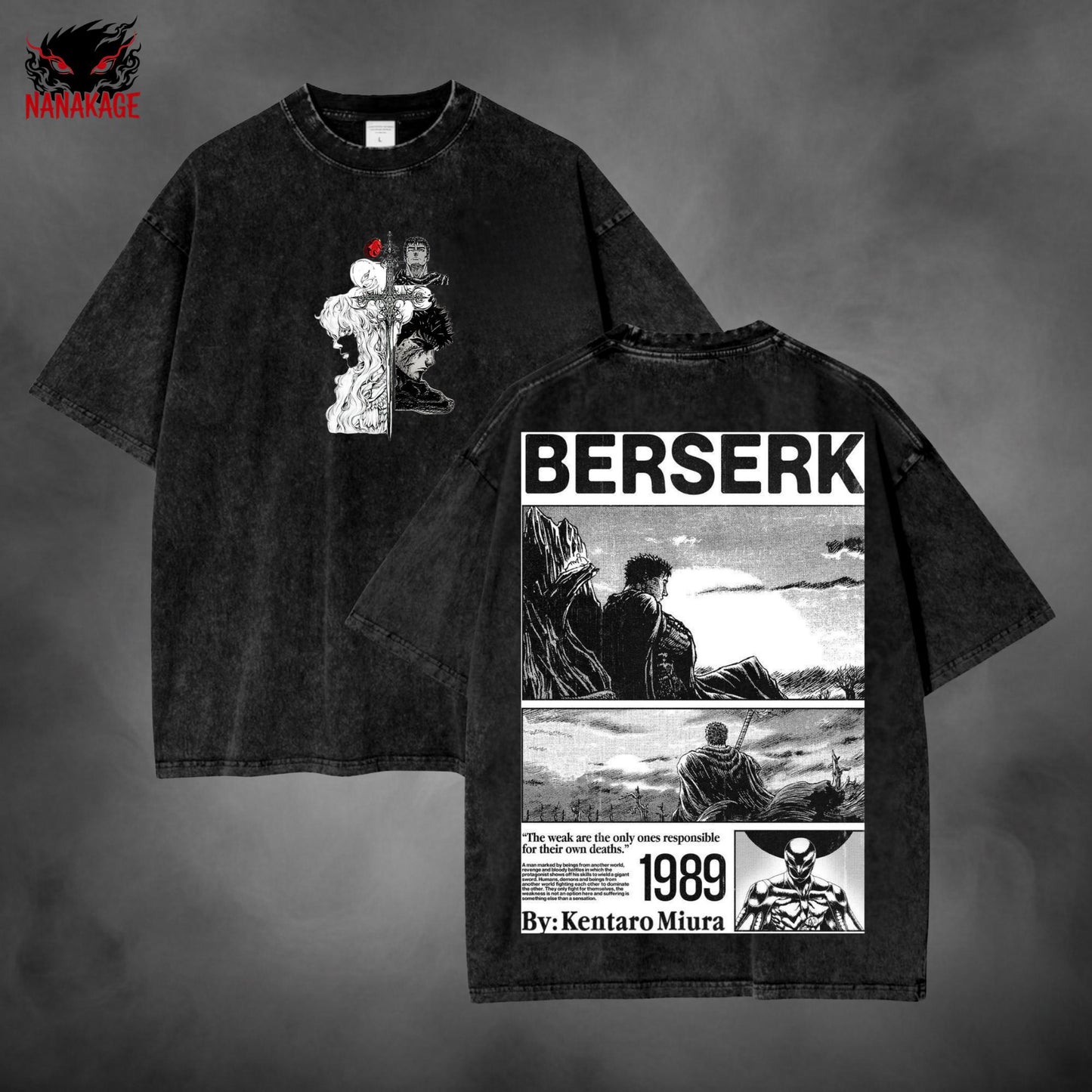 Black acid-wash oversized t-shirt with Griffith dark fantasy manga graphic print.