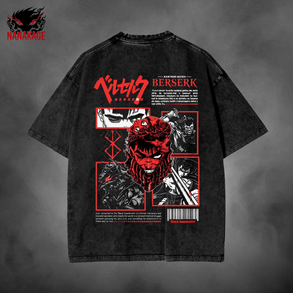 Black acid-wash oversized t-shirt with Griffith dark fantasy manga graphic print.