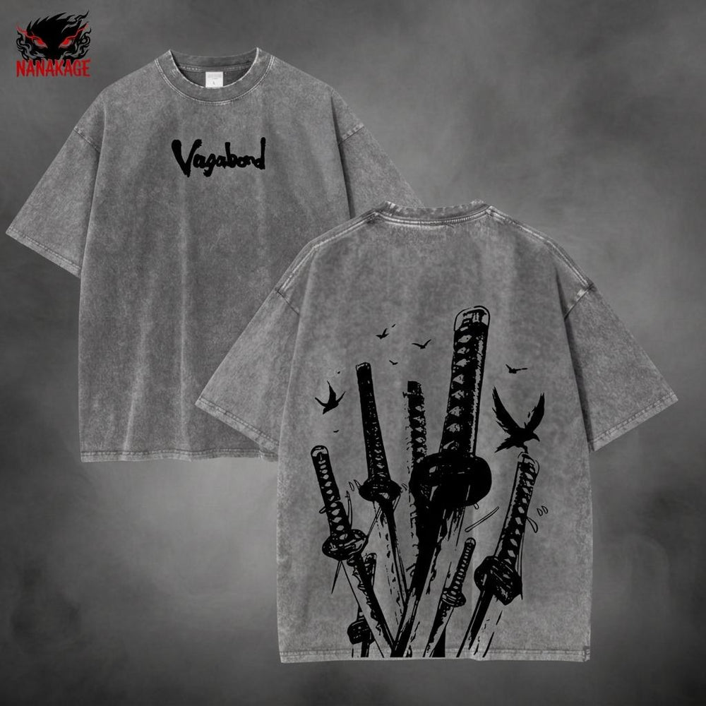 Black acid-wash oversized t-shirt with Vagabond manga graphic print.