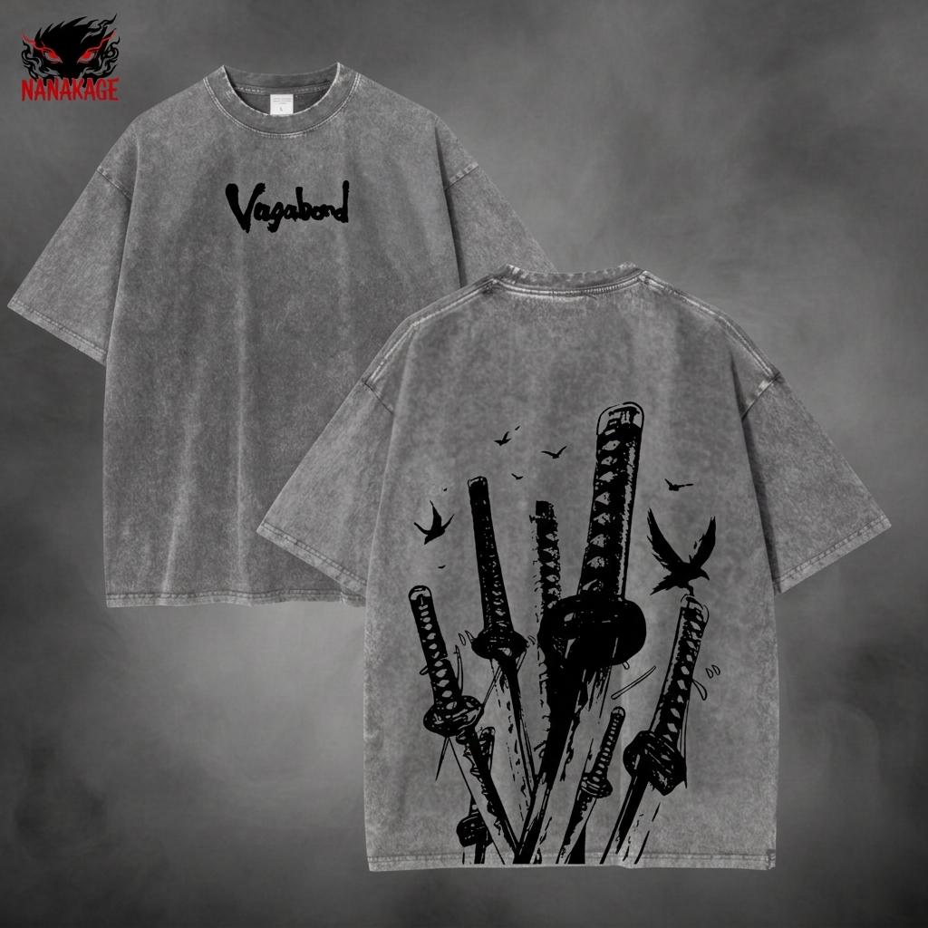 Black acid-wash oversized t-shirt with Vagabond manga graphic print.