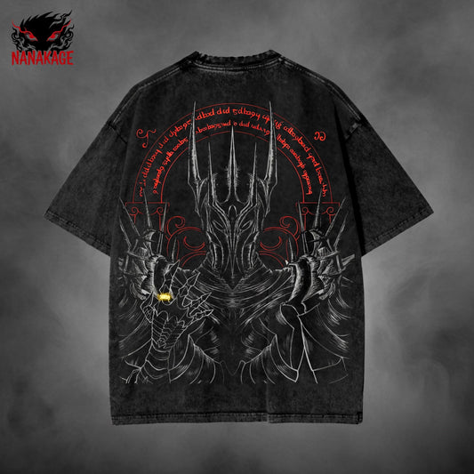 Black acid-wash oversized t-shirt with Sauron dark fantasy graphic print.
