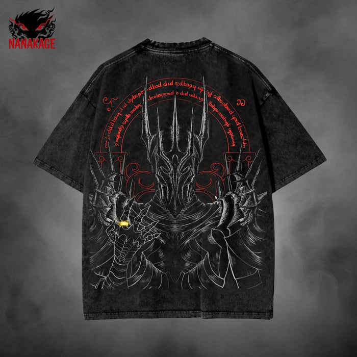 Black acid-wash oversized t-shirt with Sauron dark fantasy graphic print.
