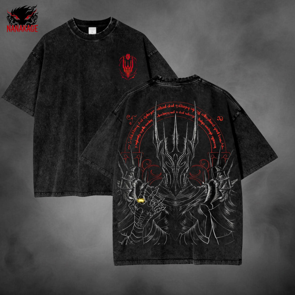 Gray acid-wash oversized t-shirt with Sauron dark fantasy graphic print.