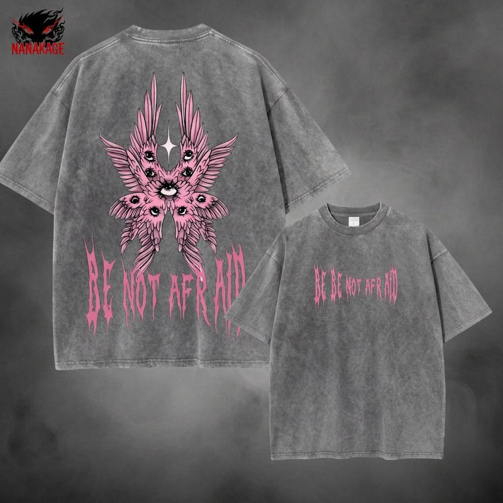 Gray acid-wash oversized t-shirt with Be Not Afraid Christian streetwear graphic print.