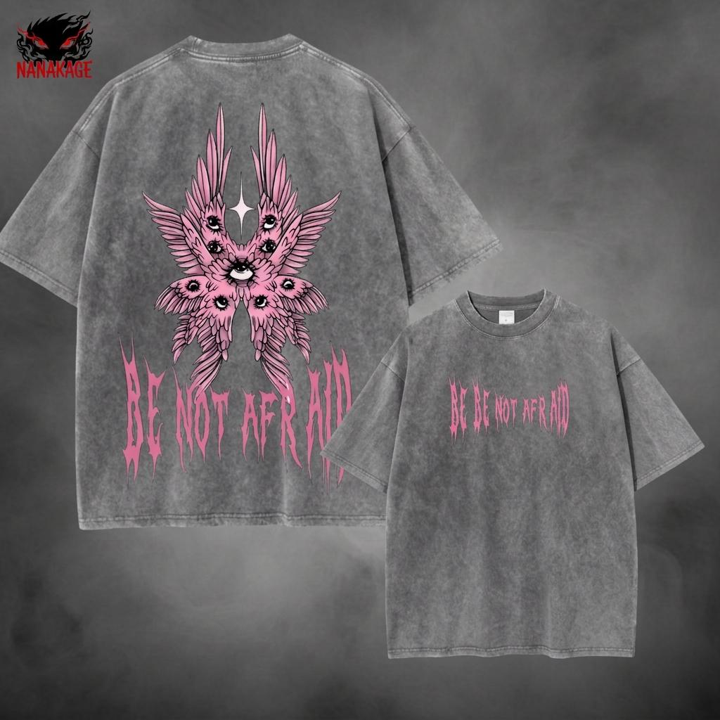 Gray acid-wash oversized t-shirt with Be Not Afraid Christian streetwear graphic print.