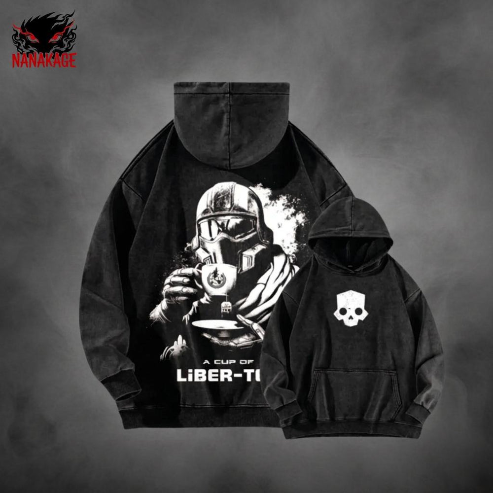 Brown acid-wash oversized pullover hoodie with Helldivers video game graphic print.