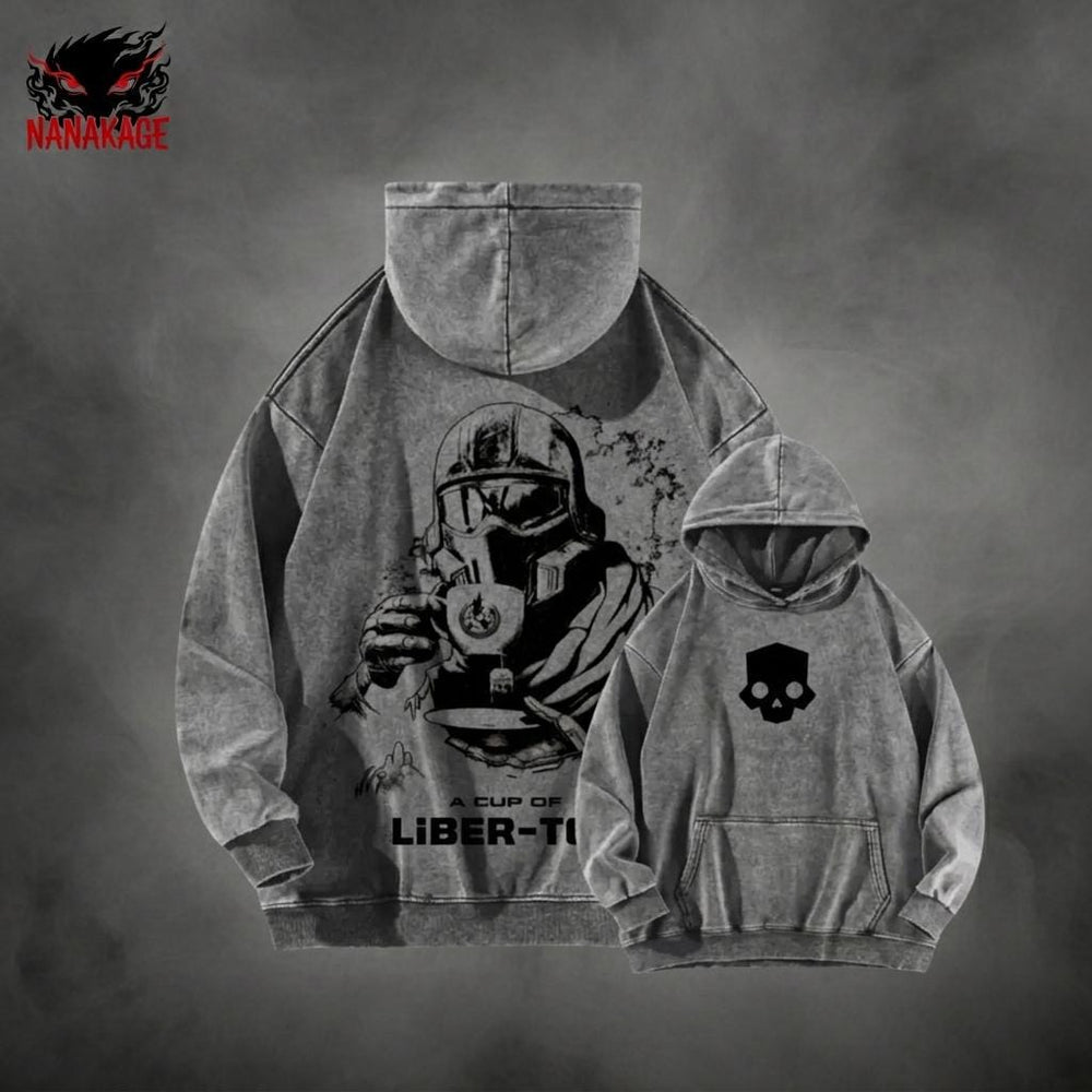 Gray acid-wash oversized pullover hoodie with Helldivers video game graphic print.