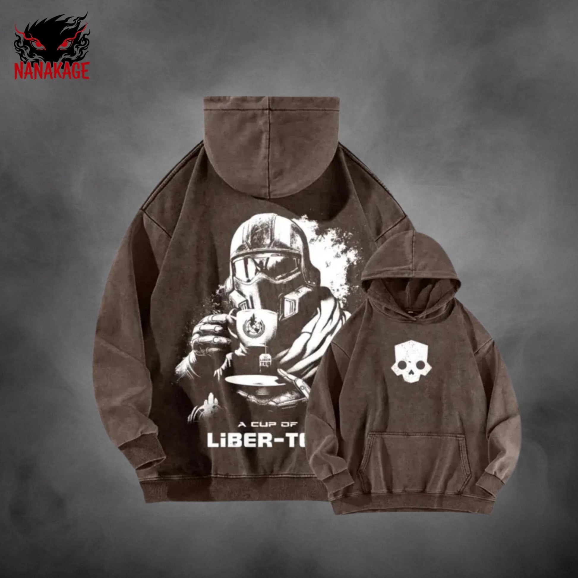 Black acid-wash oversized t-shirt with Helldivers video game graphic print.
