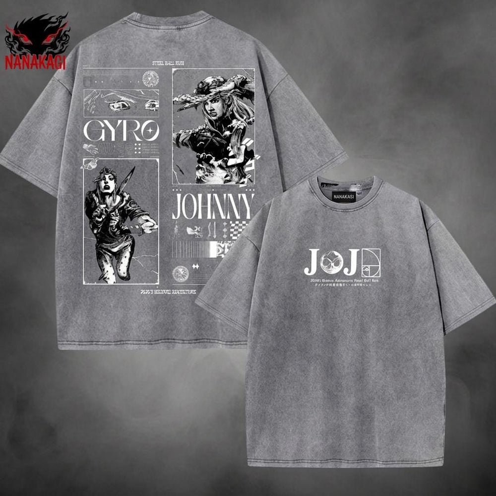 Gray acid-wash oversized t-shirt with Steel Ball Run anime graphic print.