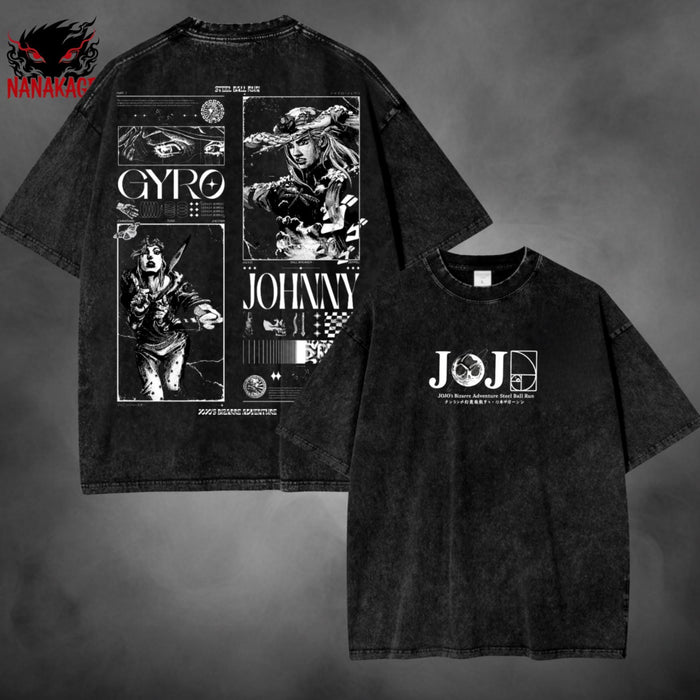 Black acid-wash oversized t-shirt with Steel Ball Run anime graphic print.