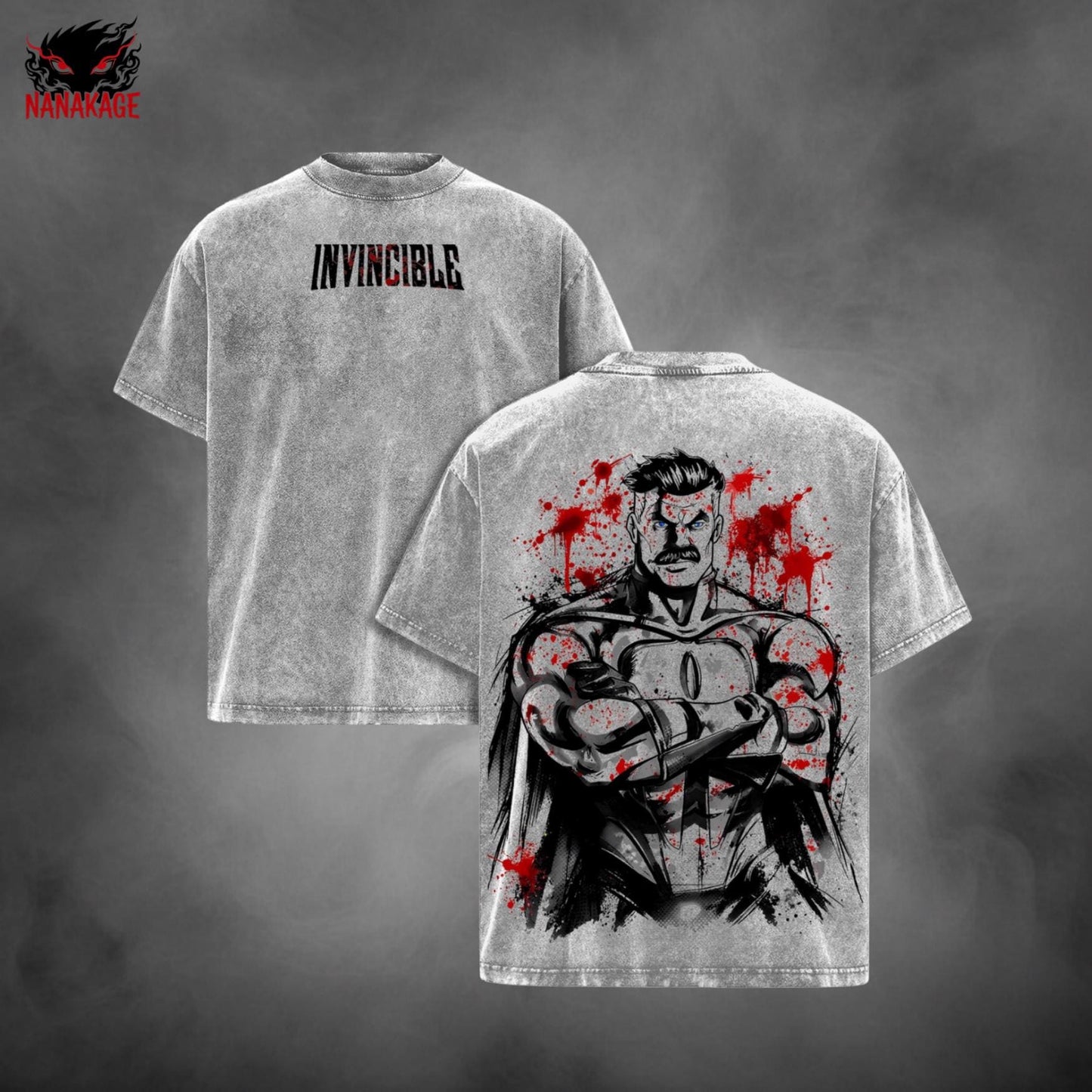 Gray acid-wash oversized t-shirt with Omni Man comic graphic print.