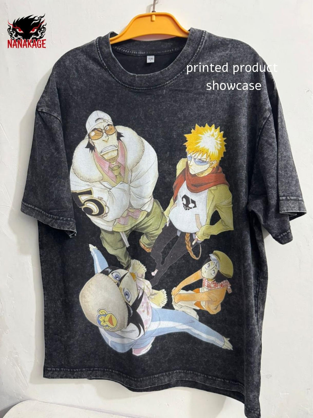 Black acid-wash oversized t-shirt with Soul Society anime graphic print.