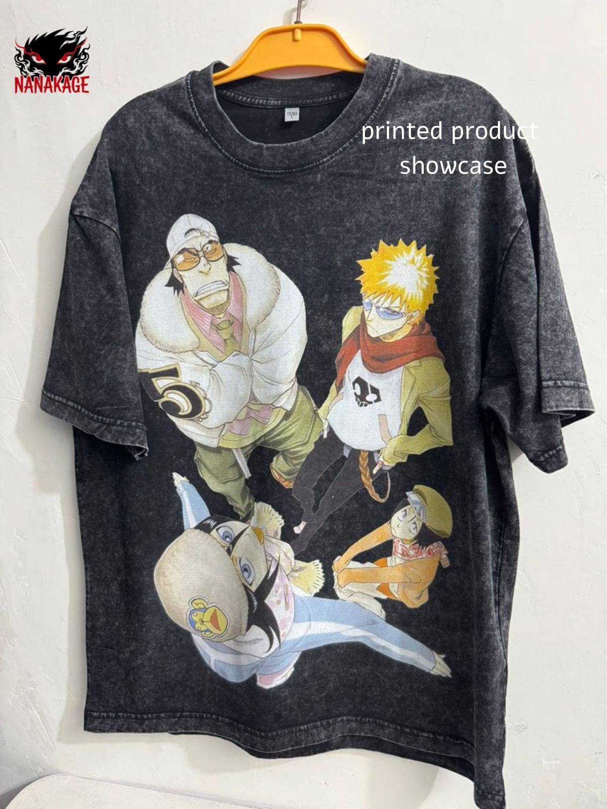 Black acid-wash oversized t-shirt with Soul Society anime graphic print.