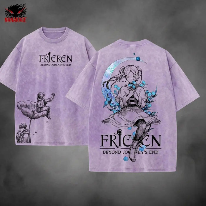 Pink acid-wash oversized t-shirt with Frieren anime graphic print.