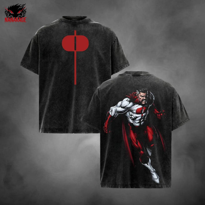 Black acid-wash oversized t-shirt with Omni Man comic graphic print.