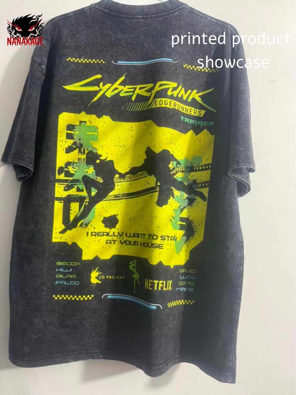 Gray acid-wash oversized pullover hoodie with Edgerunners cyberpunk anime graphic print.