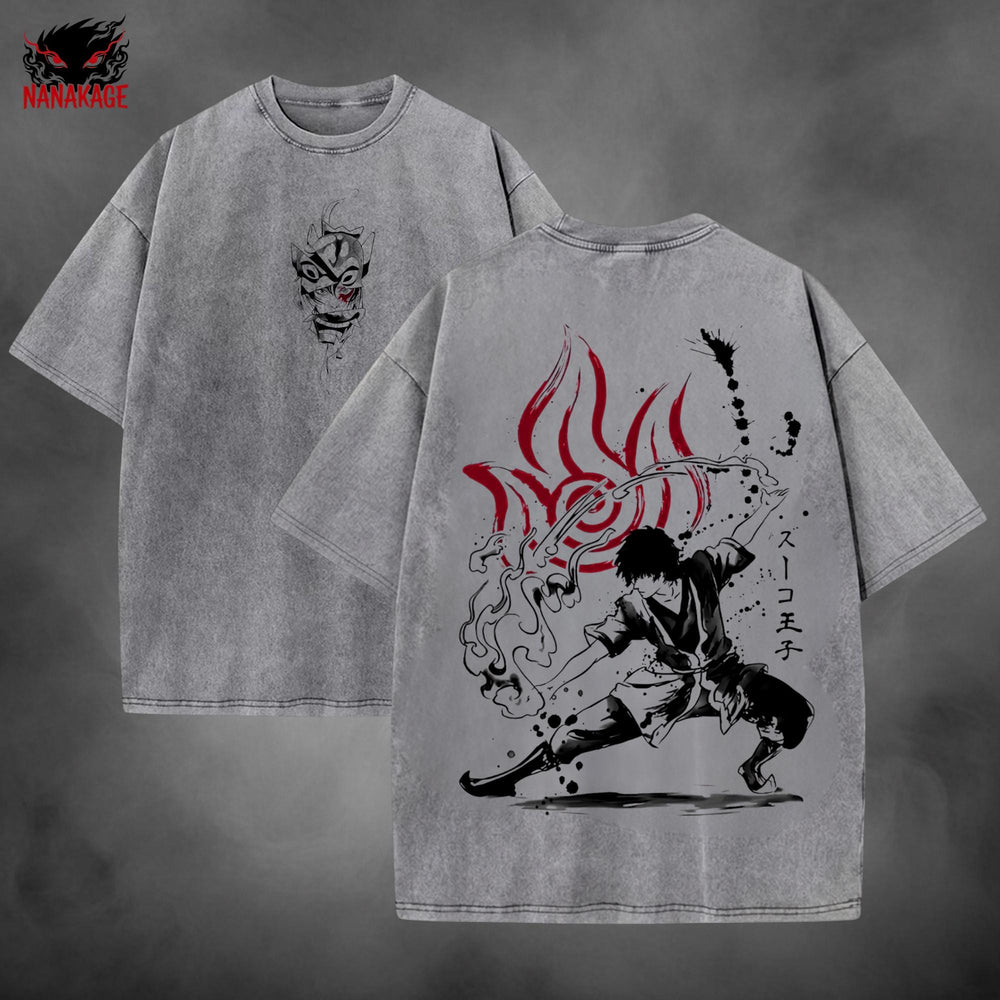 Gray acid-wash oversized t-shirt with Zuko animated series graphic print.