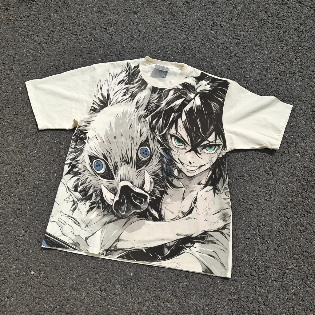 Acid-wash oversized all-over-print tee with Inosuke anime graphic print.