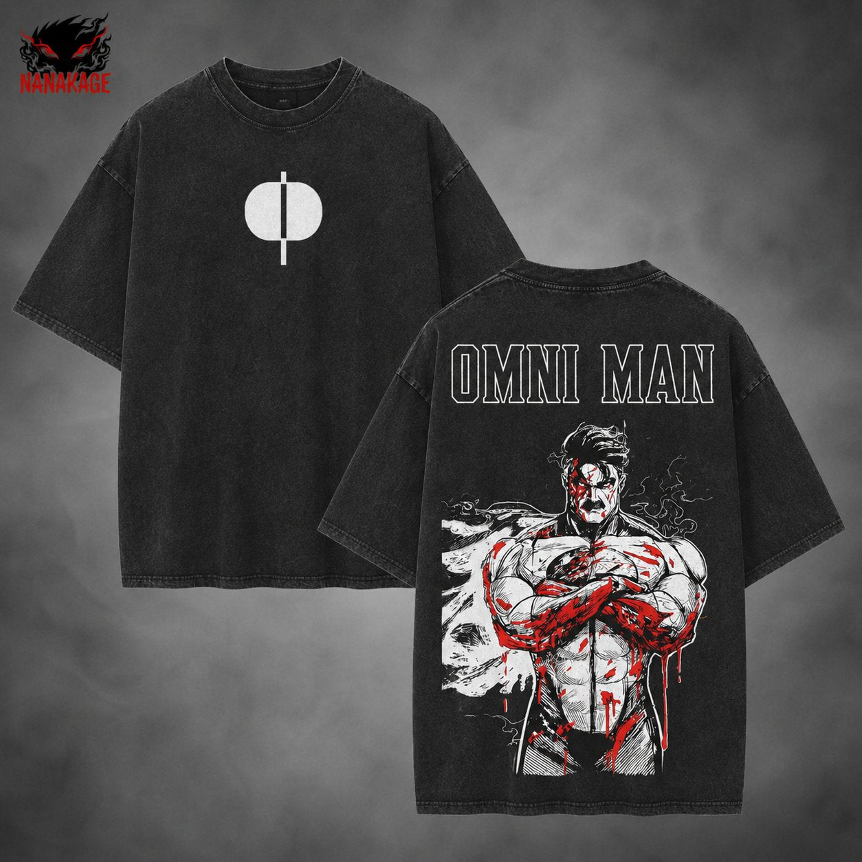 Acid-wash oversized t-shirt with Omni Man comic graphic print.