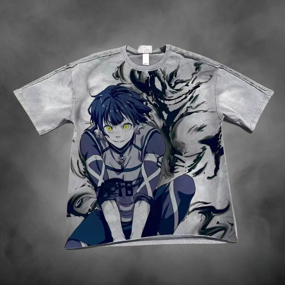 Acid-wash oversized all-over-print tee with Isagi Shadow Beast anime graphic print.