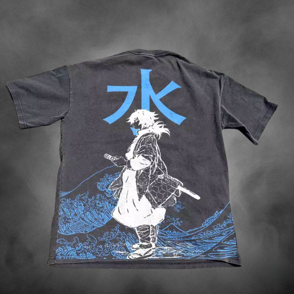 Acid-wash oversized all-over-print tee with Water Hashira anime graphic print.