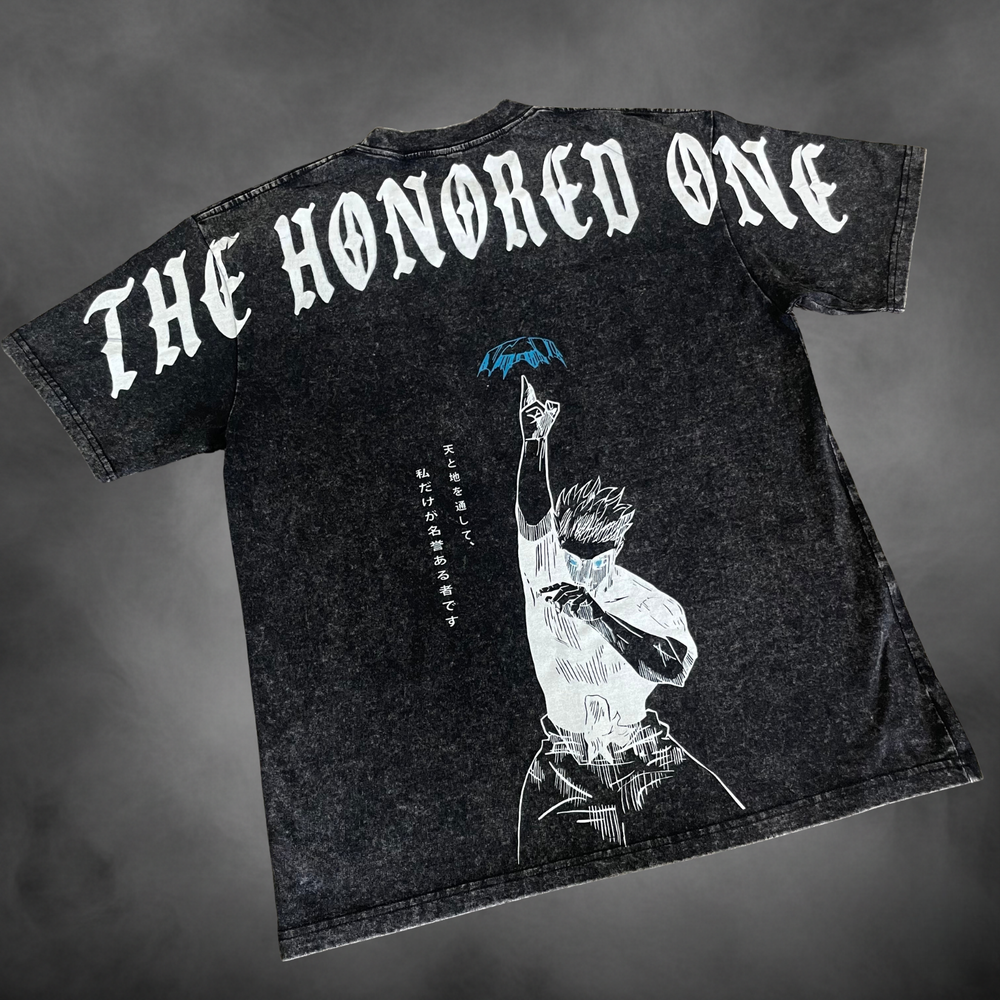 Acid-wash oversized t-shirt with The Honored One anime graphic print.