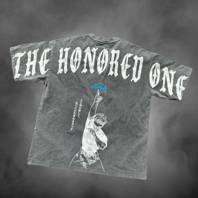 Acid-wash oversized t-shirt with The Honored One anime graphic print.