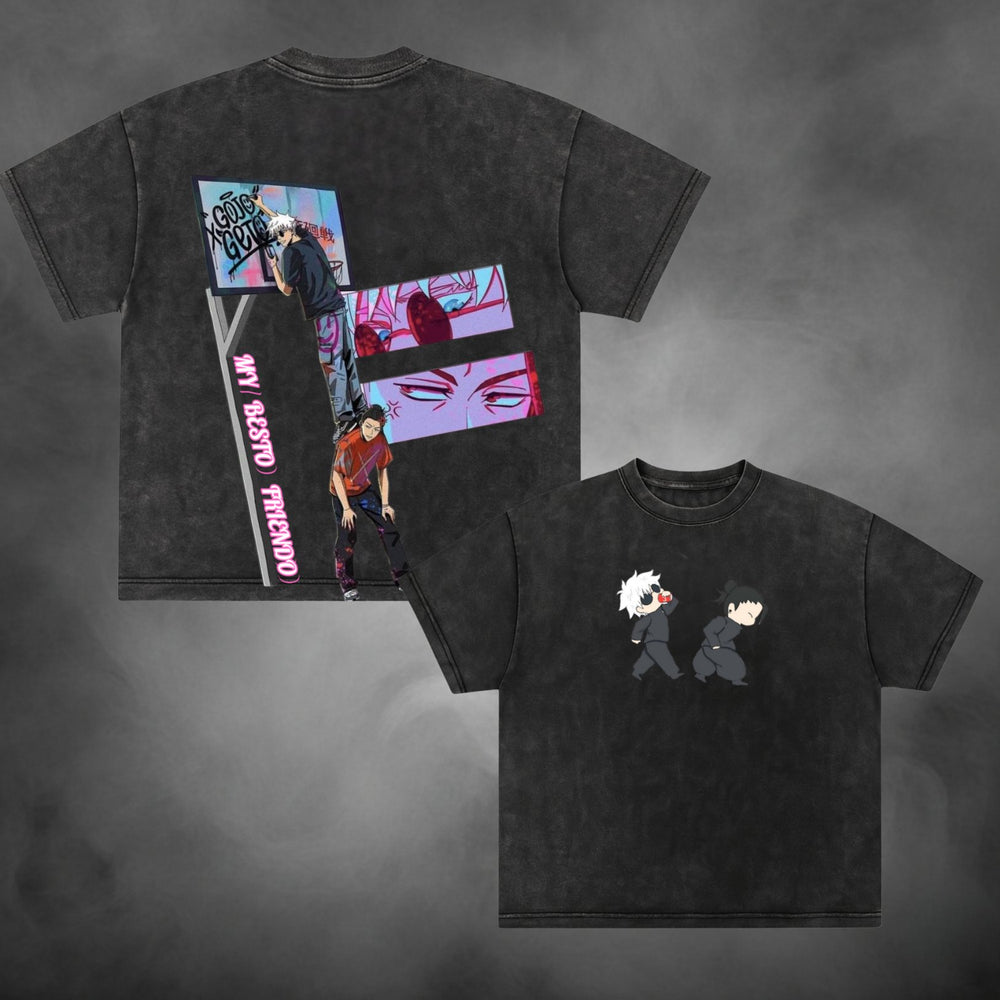 Acid-wash oversized t-shirt with Besto Friendo anime graphic print.