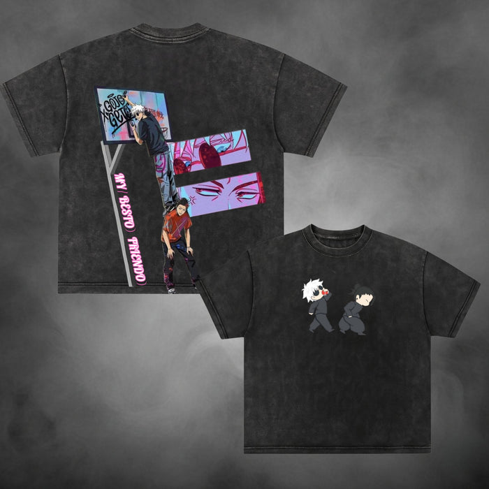 Acid-wash oversized t-shirt with Besto Friendo anime graphic print.