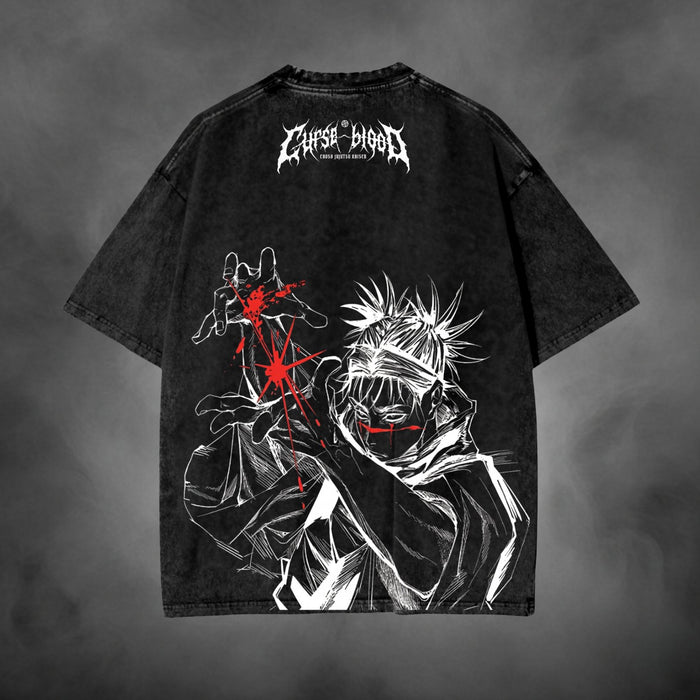 Acid-wash oversized t-shirt with Curse Blood anime graphic print.