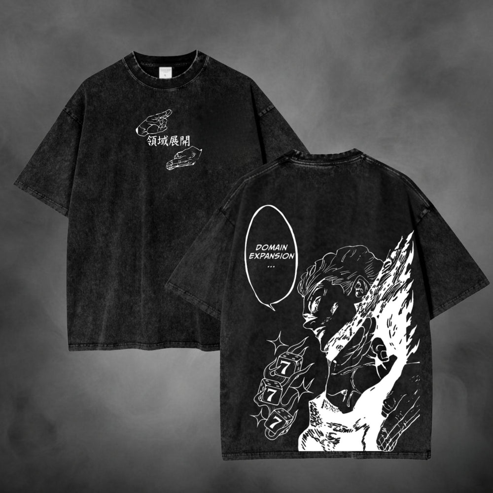 Acid-wash oversized t-shirt with Domain Expansion anime graphic print.