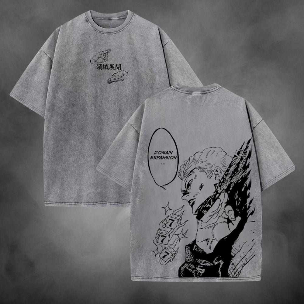 Acid-wash oversized t-shirt with Domain Expansion anime graphic print.