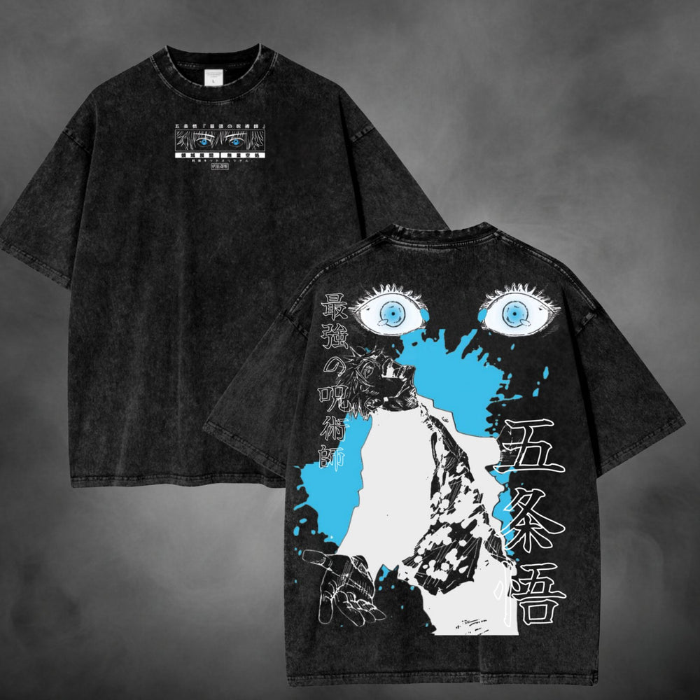 Acid-wash oversized t-shirt with Gojo Strongest anime graphic print.