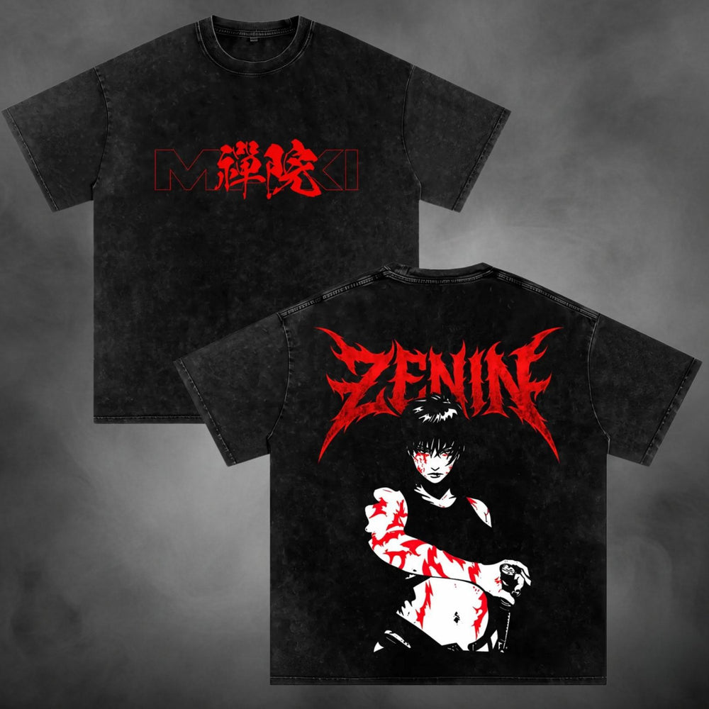 Acid-wash oversized t-shirt with Zenin anime graphic print.