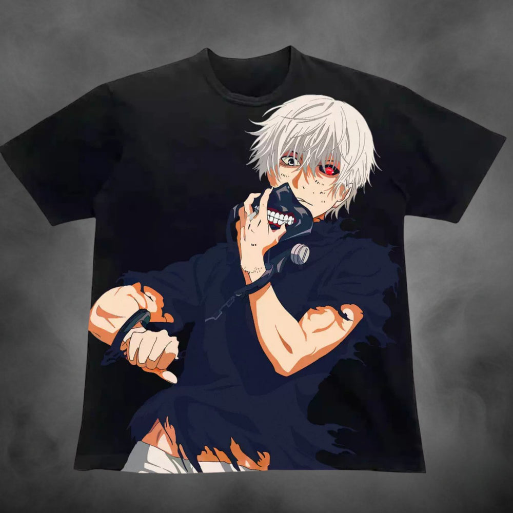 Black oversized all-over-print t-shirt with Ken Kaneki anime Tokyo Ghoul graphic print.