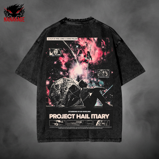 Black acid-wash oversized t-shirt with Hail Mary Poster Movie streetwear graphic print.