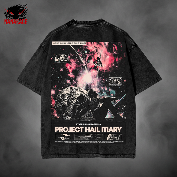 Black acid-wash oversized t-shirt with Hail Mary Poster Movie streetwear graphic print.