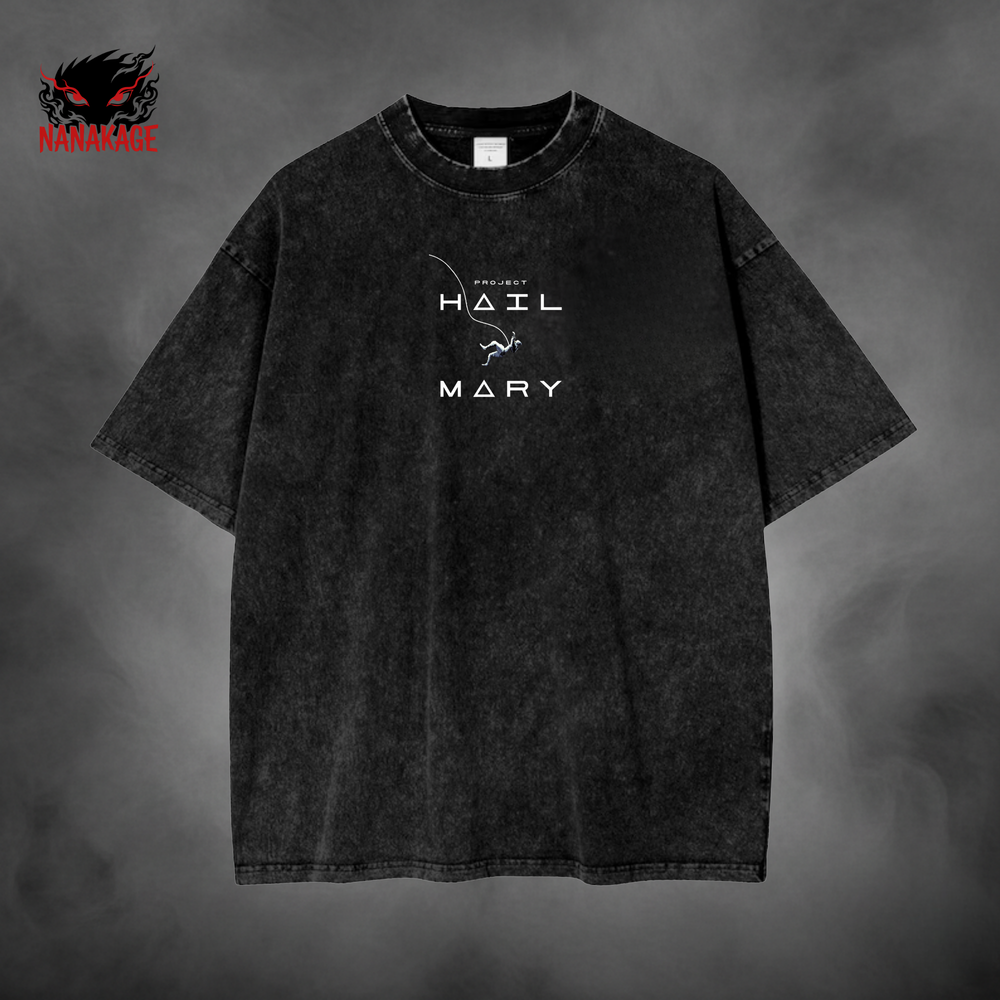 Black acid-wash oversized t-shirt with Hail Mary Poster Movie streetwear graphic print.