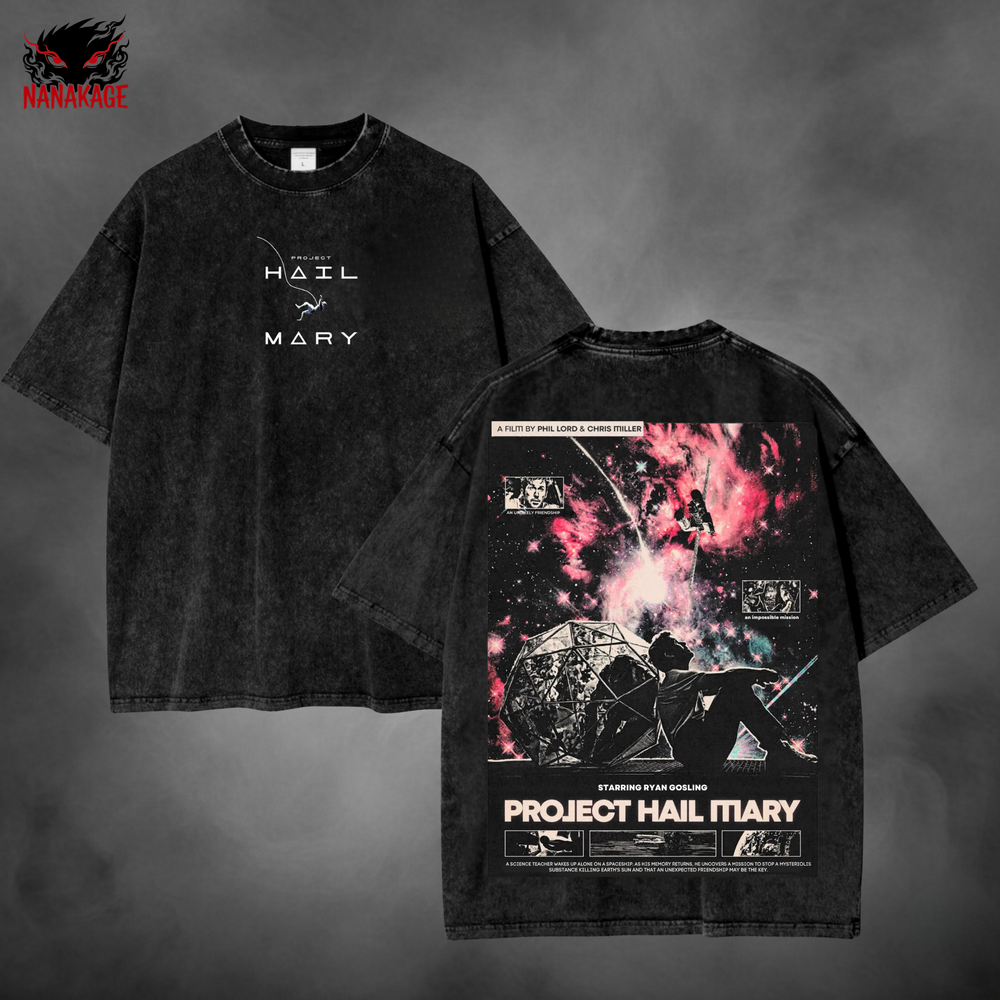 Black acid-wash oversized t-shirt with Hail Mary Poster Movie streetwear graphic print.