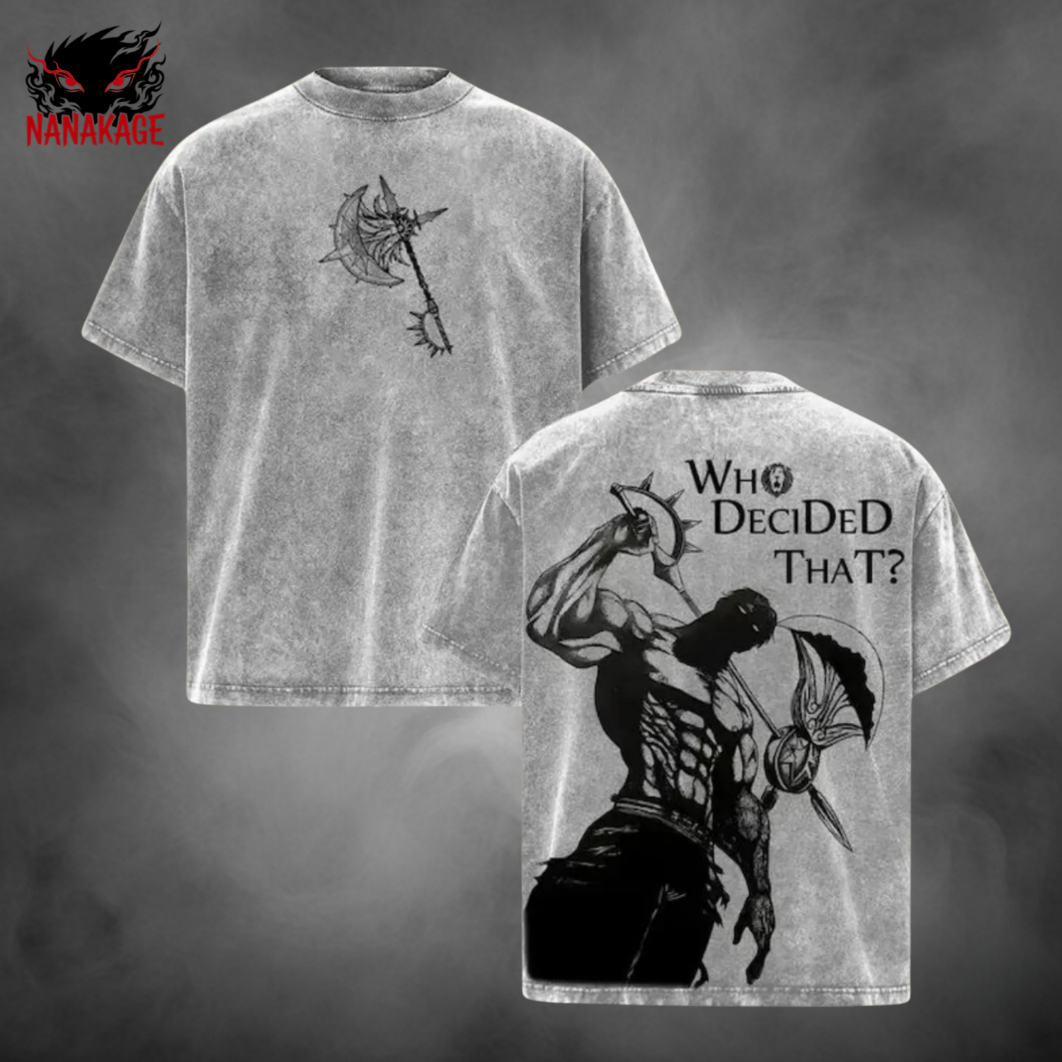 Gray Acid-wash oversized t-shirt with  Seven Deadly Sins Escanor anime graphic print.