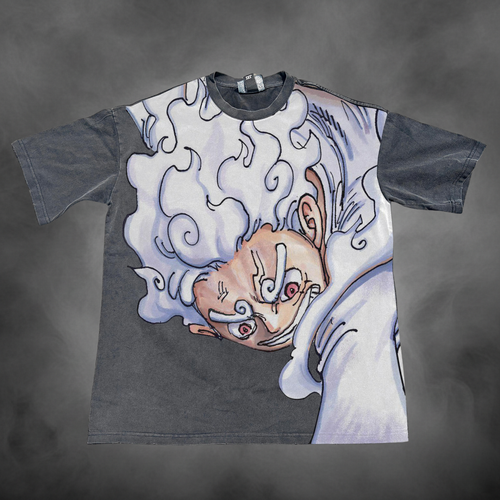 Acid-wash oversized all-over-print tee with Luffy Gear 5 V1 anime graphic print.