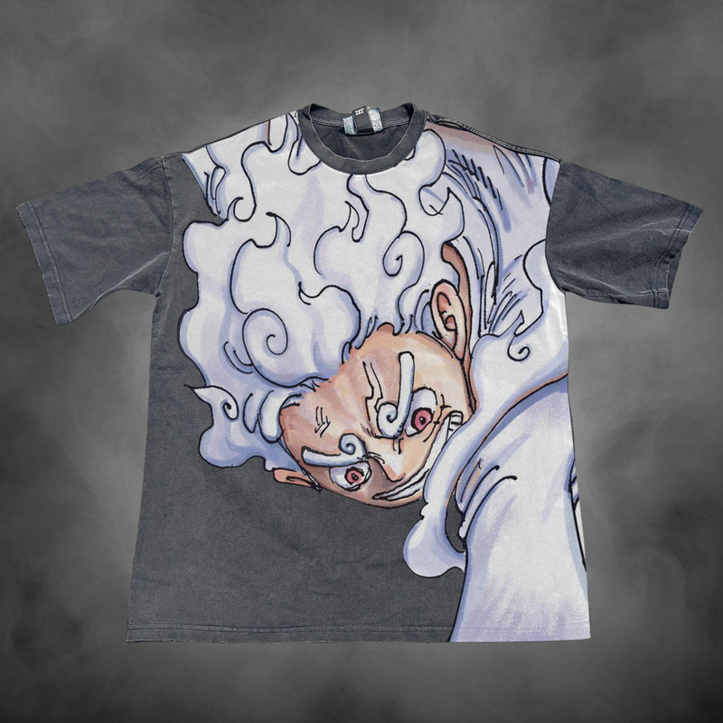 Acid-wash oversized all-over-print tee with Luffy Gear 5 V1 anime graphic print.