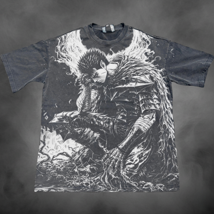Acid-wash oversized all-over-print tee with Berserker 2 Sided anime graphic print.