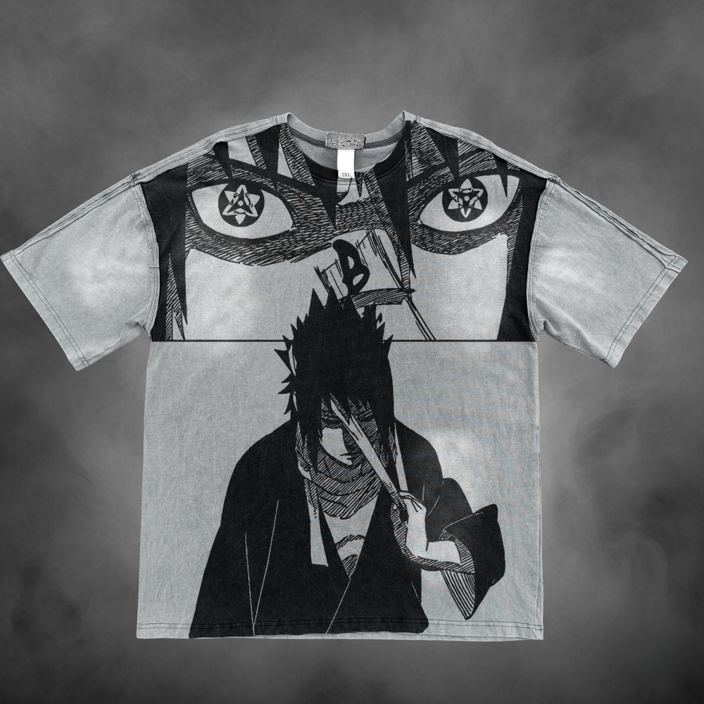 Acid-wash oversized all-over-print tee with Sasuke Eternal Mangekyou V1 anime graphic print.