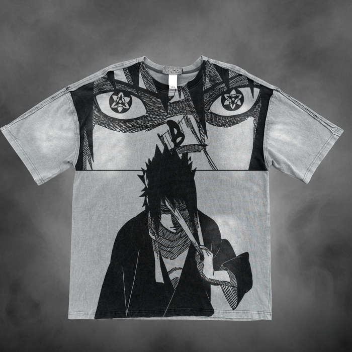 Acid-wash oversized all-over-print tee with Sasuke Eternal Mangekyou V1 anime graphic print.