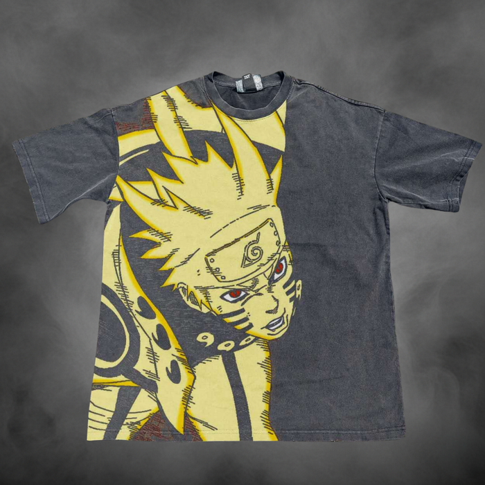 Acid-wash oversized all-over-print tee with Nine Tails Chakra V1 anime graphic print.