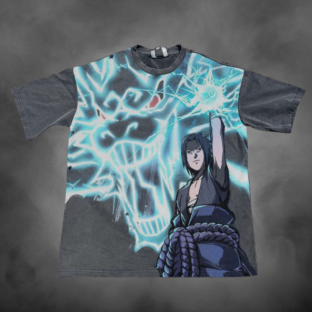 Acid-wash oversized all-over-print tee with Kirin V1 anime graphic print.