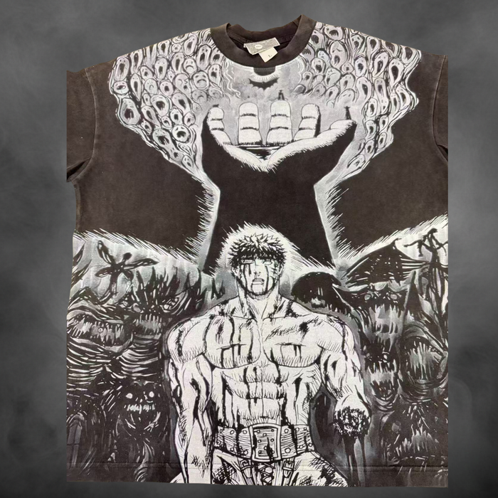Acid-wash oversized pullover hoodie with Guts Eclipse V1 anime graphic print.