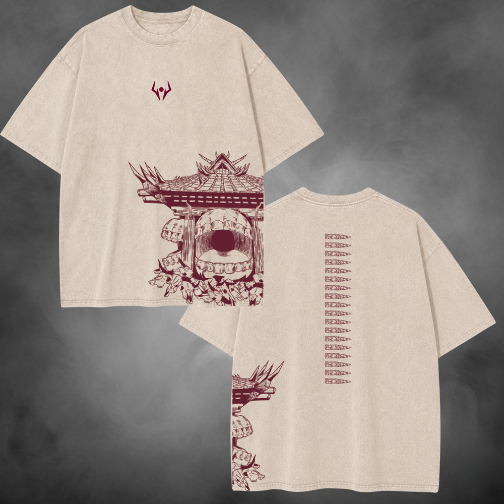 Acid-wash oversized t-shirt with Sukuna anime graphic print.